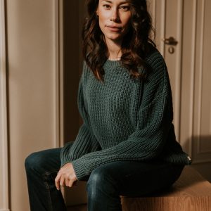 Klasyczny sweter damski premium  z certyfikowanej bawełny portugalskiej marki Yuki - PETROL/ niebieski, rozmiar M, XL