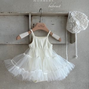 Kremowy romper/ rampers z tiulu na chrzciny, roczek od Monbebe 3-24 miesiące