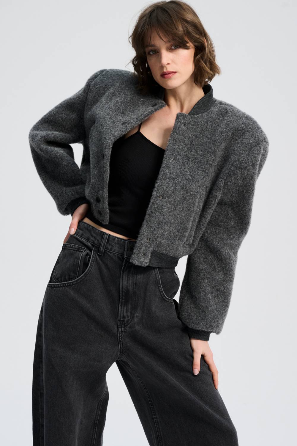 Damska kurtka typu bomberka, wełna 100% w kolorze szarym/ SALE - BOMBER WOOL JACKET GRAFIT - obrazek 6