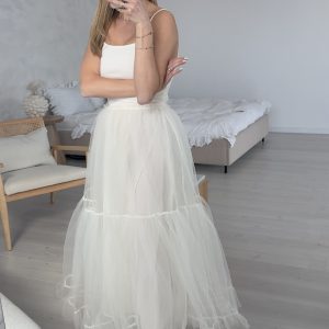 Sukienka z tiulem dla kobiet maxi w kolorze kremowym od Monbebe- zestaw Mama & Córka