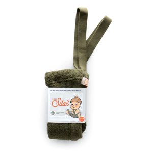 Ocieplane legginsy dziecięce z bawełny organicznej z szelkami TEDDY- Olive/ Silly Silas