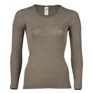 Damski podkoszulek, koszulka z długim rękawem z wełny merino i jedwabiu / brąz- Engel natur/ walnut