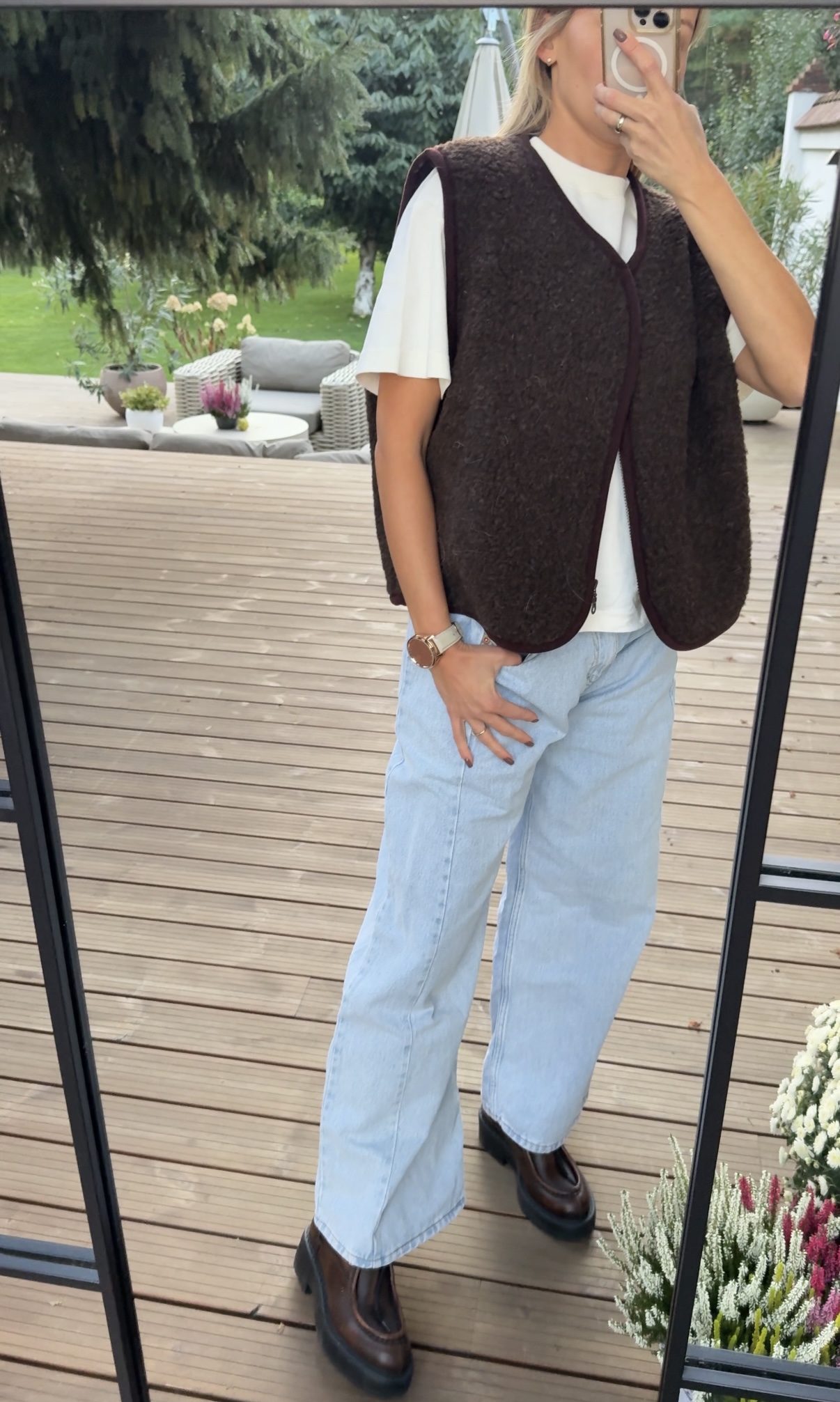 Brązowa, rozpinana kamizelka damska oversize 100% wełna MERINO, rozmiary S-XL, Czekoladowy brąz - obrazek 5