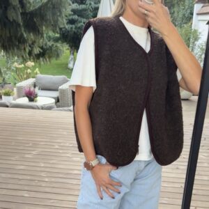 Brązowa, rozpinana kamizelka damska oversize 100% wełna MERINO, rozmiary S-XL, Czekoladowy brąz