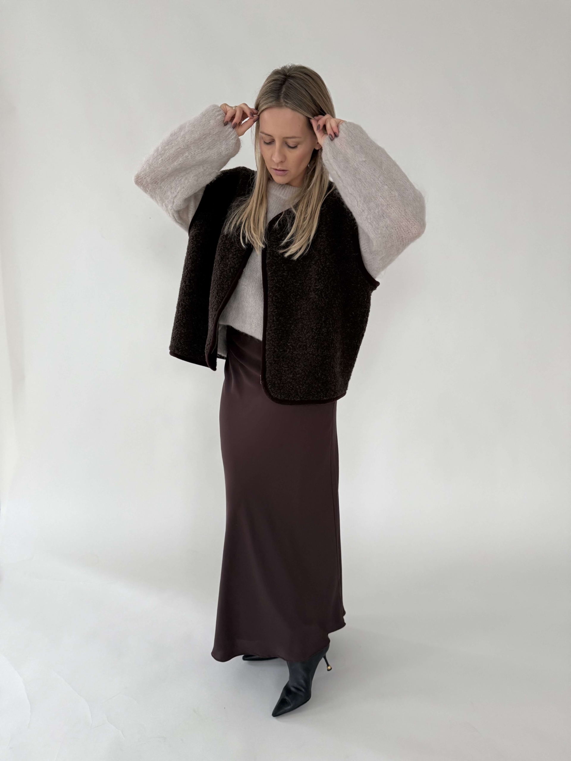 Brązowa, rozpinana kamizelka damska oversize 100% wełna MERINO, rozmiary S-XL, Czekoladowy brąz - obrazek 4