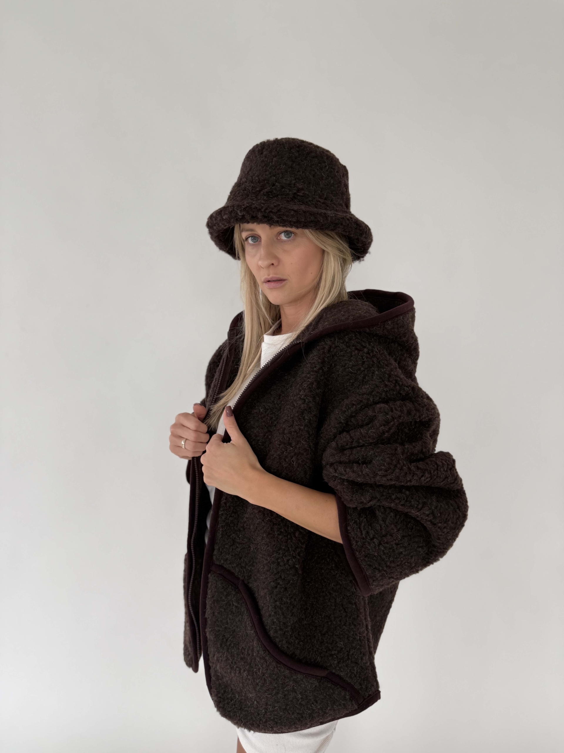 Brązowy kapelusz, Bucket Hat dla kobiet 100% wełna merino, czekoladowy brąz - obrazek 5